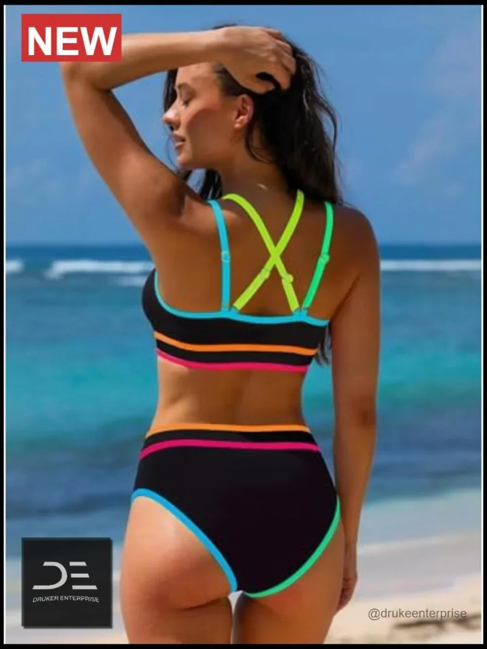 High Waisted Bikini Sets Neon Two Piece Swimsuit Sporty Adjustable Straps